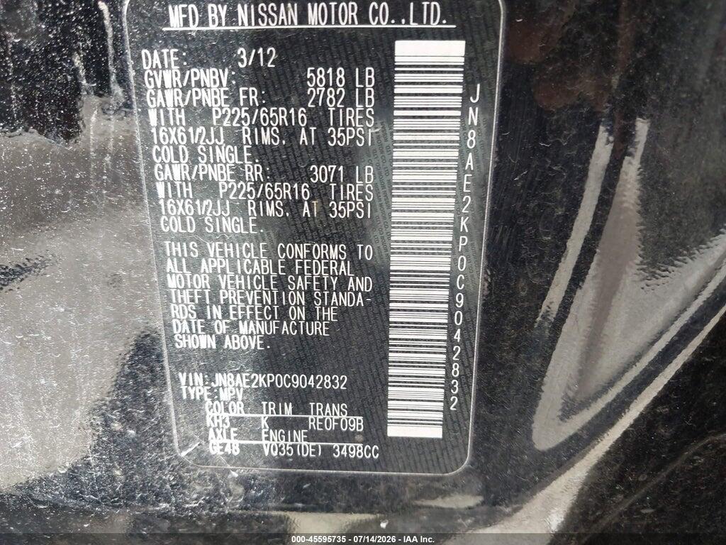 JN8AE2KP0C9042832 2012 NISSAN QUEST photo no. 9