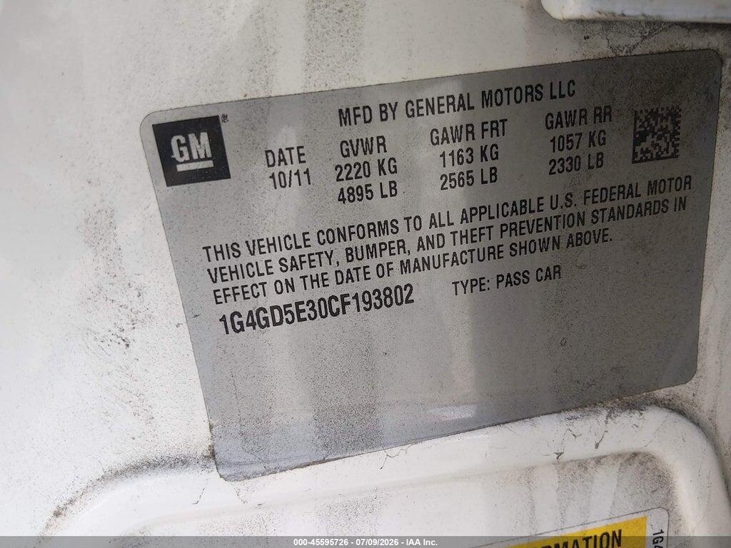1G4GD5E30CF193802 2012 BUICK LACROSSE photo no. 9