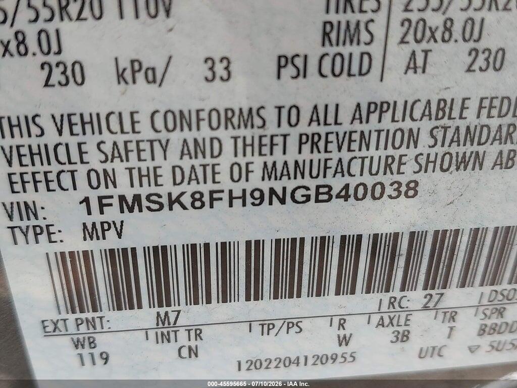 1FMSK8FH9NGB40038 2022 FORD EXPLORER photo no. 9