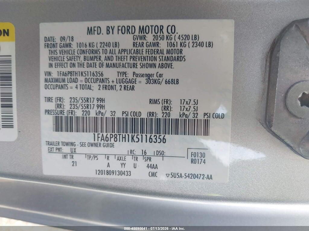 1FA6P8TH1K5116356 2019 FORD MUSTANG photo no. 9