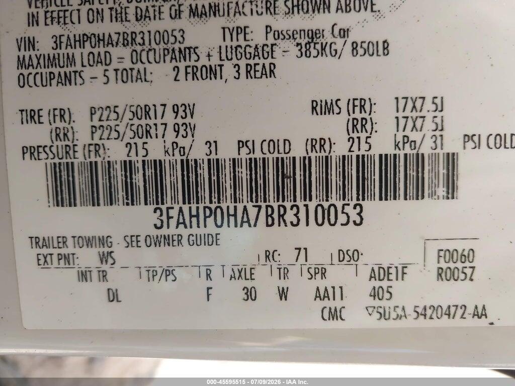 3FAHP0HA7BR310053 2011 FORD FUSION photo no. 9