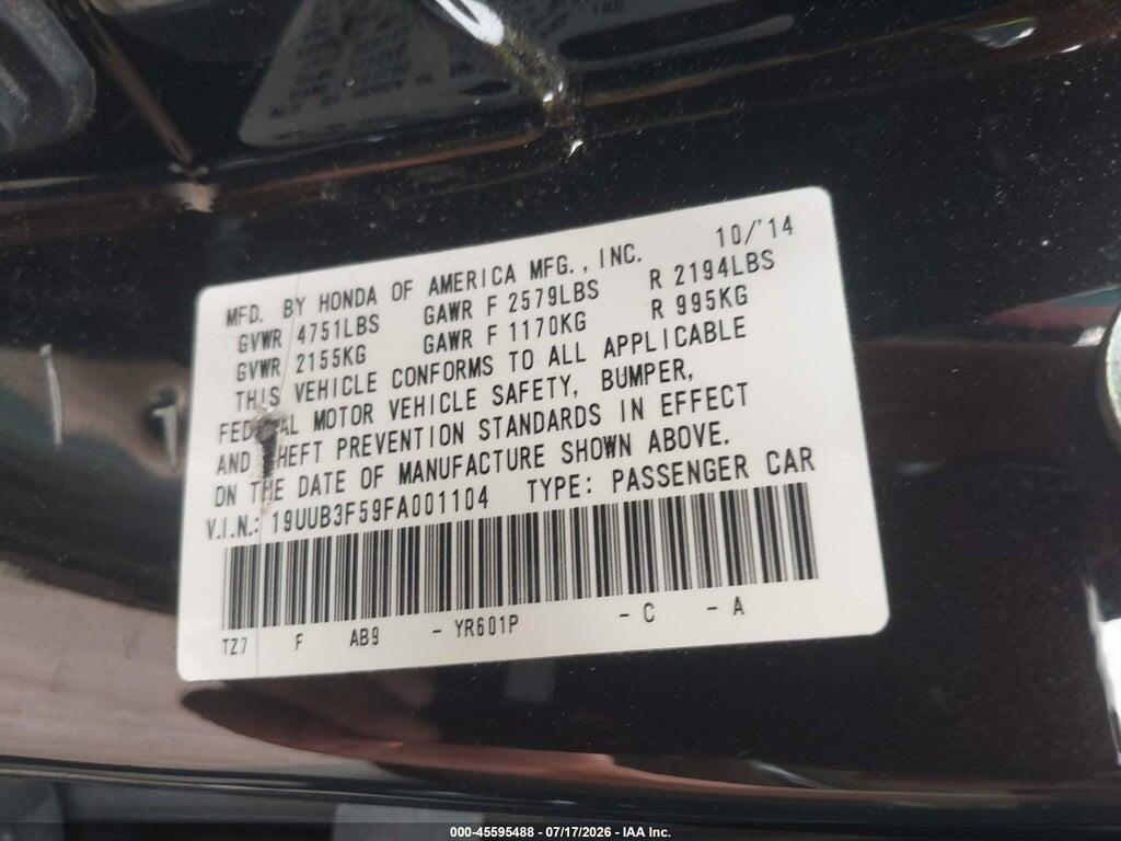 19UUB3F59FA001104 2015 ACURA TLX photo no. 9