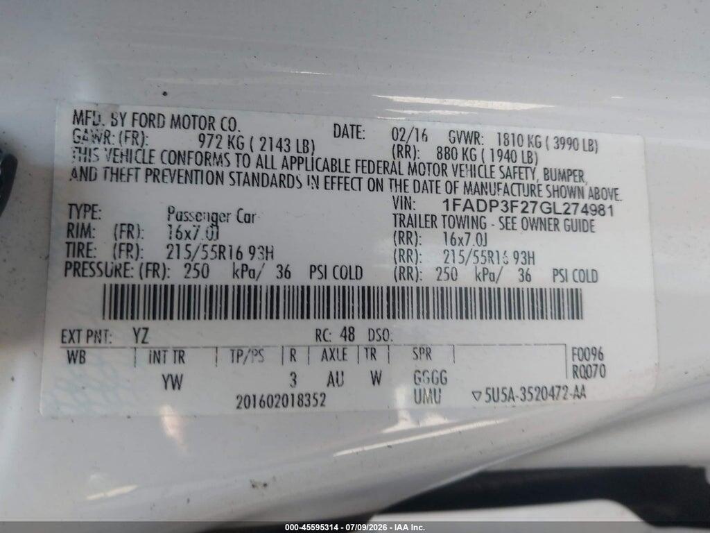 1FADP3F27GL274981 2016 FORD FOCUS photo no. 9