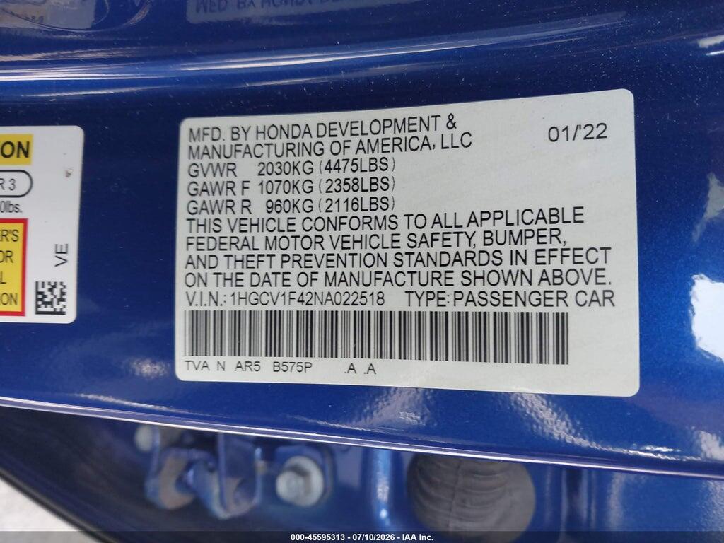 1HGCV1F42NA022518 2022 HONDA ACCORD photo no. 9