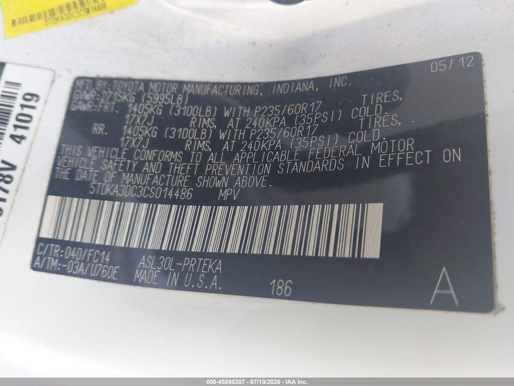 5TDKA3DC3CS014486 2012 TOYOTA SIENNA photo no. 9