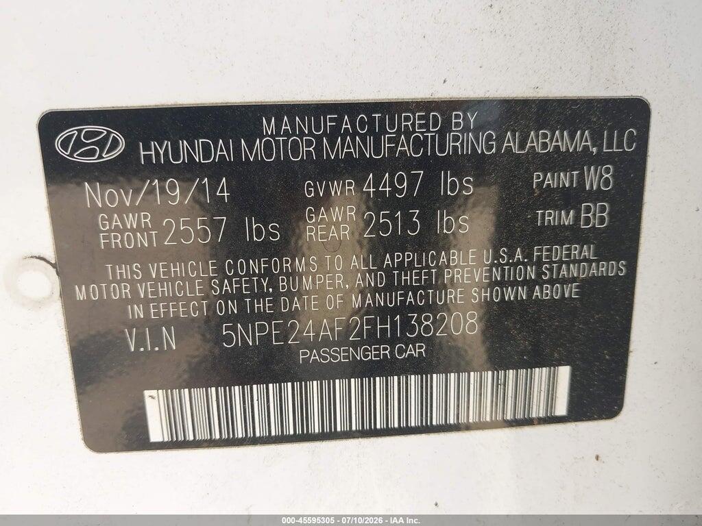 5NPE24AF2FH138208 2015 HYUNDAI SONATA photo no. 9