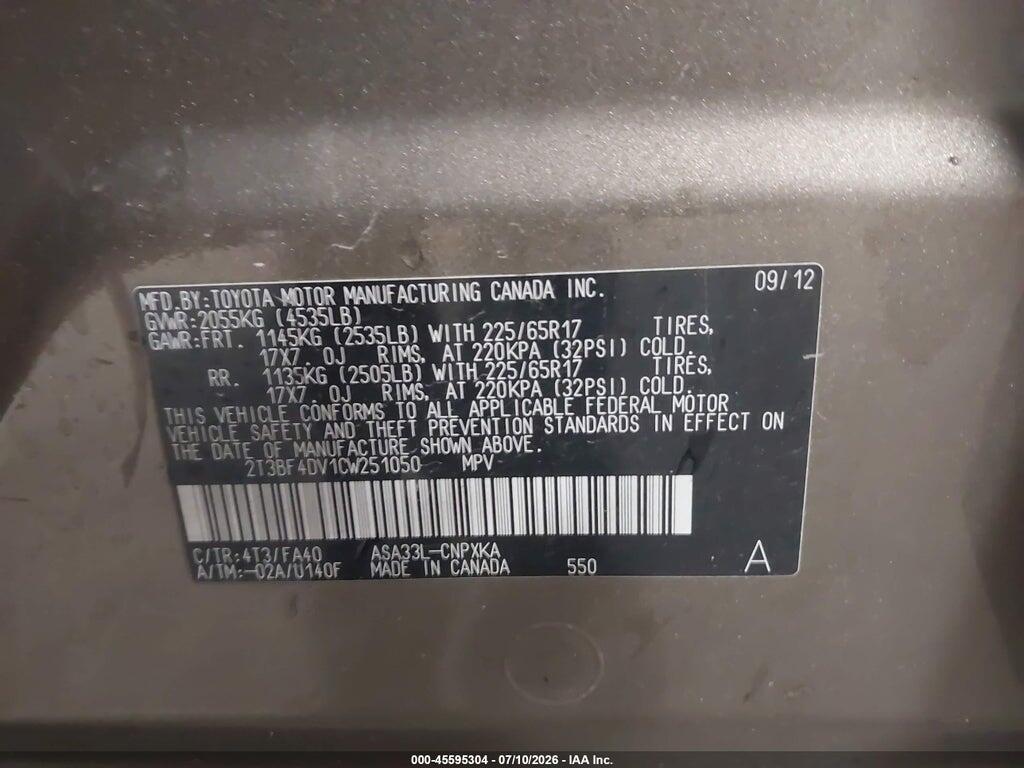 2T3BF4DV1CW251050 2012 TOYOTA RAV4 photo no. 9