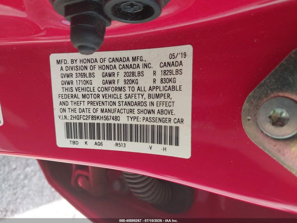 2HGFC2F89KH567480 2019 HONDA CIVIC photo no. 9