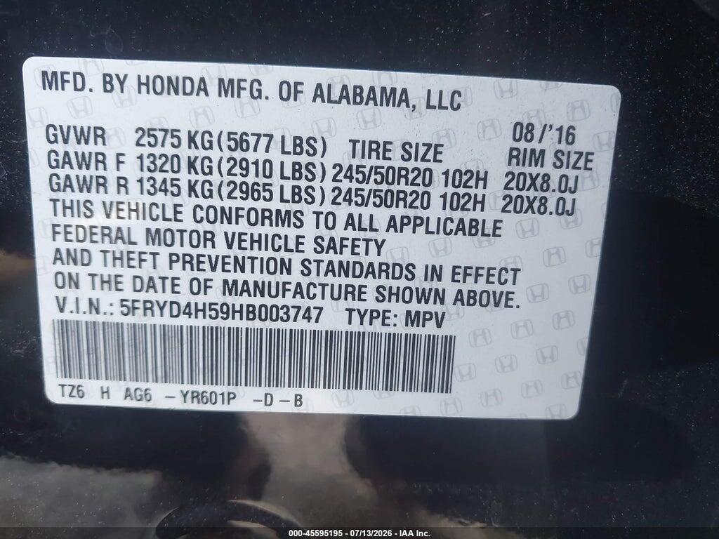 5FRYD4H59HB003747 2017 ACURA MDX photo no. 9