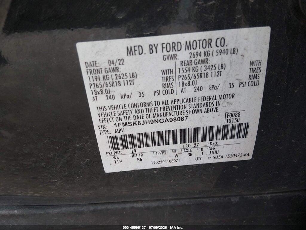 1FMSK8JH9NGA98087 2022 FORD EXPLORER photo no. 9