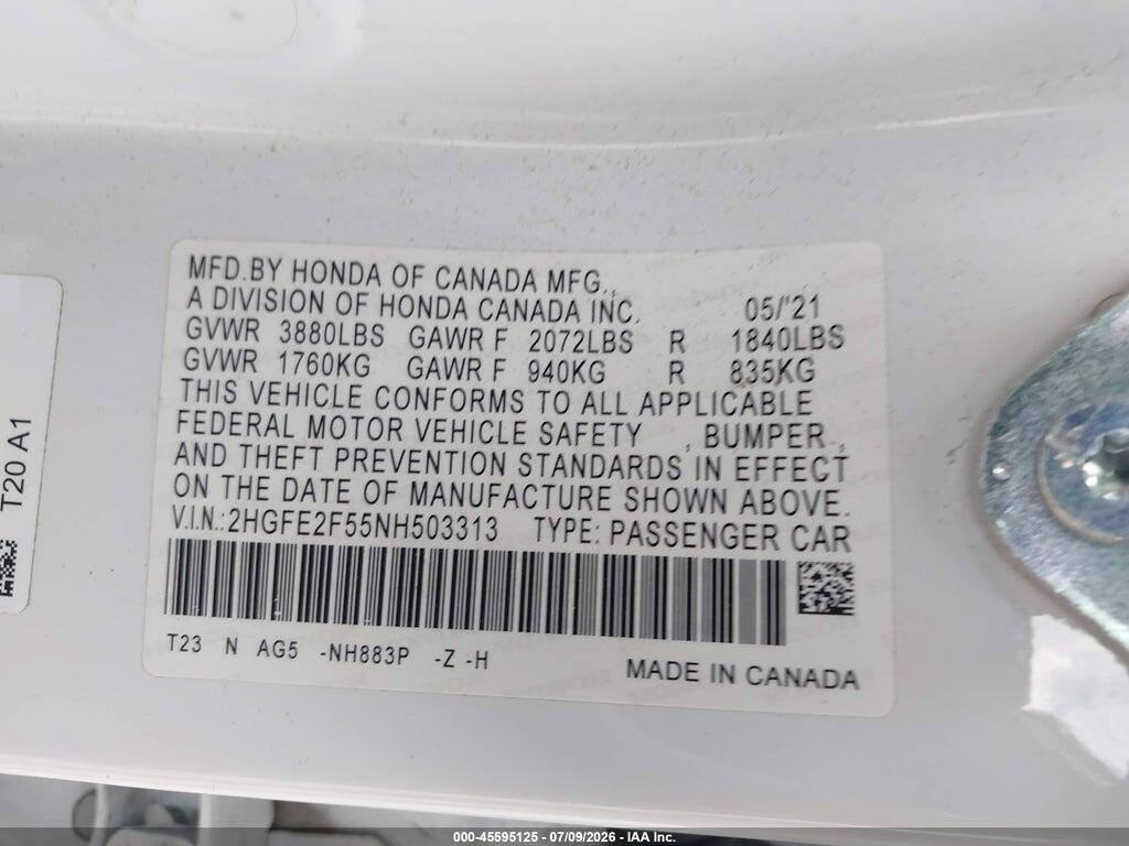 2HGFE2F55NH503313 2022 HONDA CIVIC photo no. 9