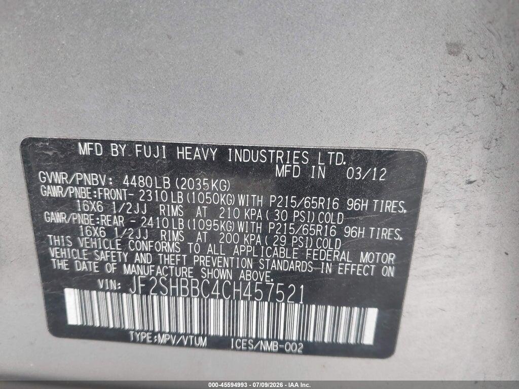 JF2SHBBC4CH457521 2012 SUBARU FORESTER photo no. 9