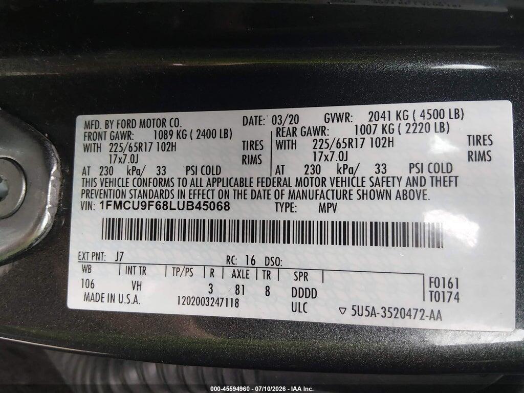 1FMCU9F68LUB45068 2020 FORD ESCAPE photo no. 9