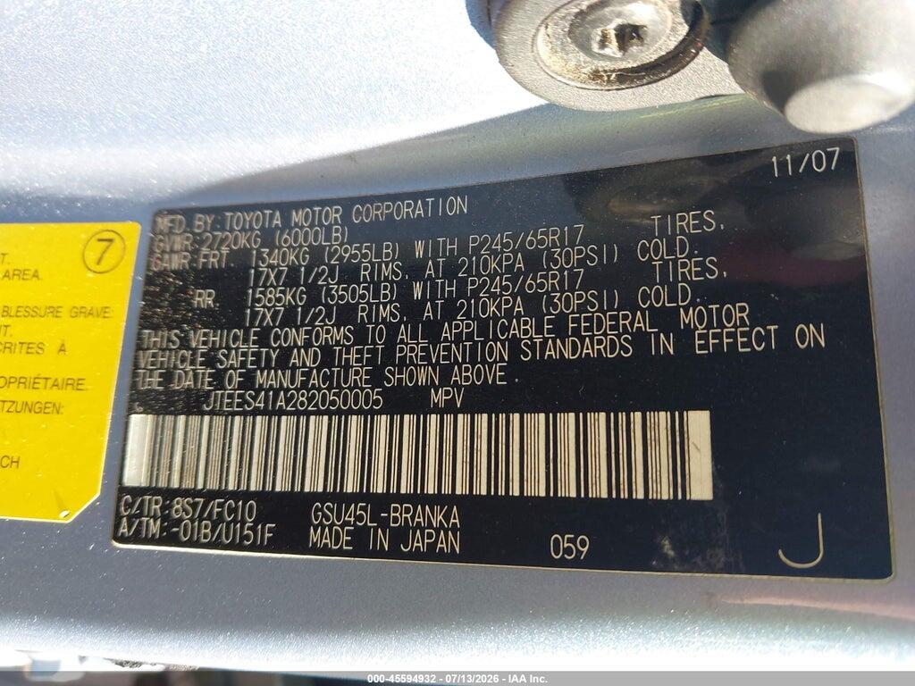 JTEES41A282050005 2008 TOYOTA HIGHLANDER photo no. 9