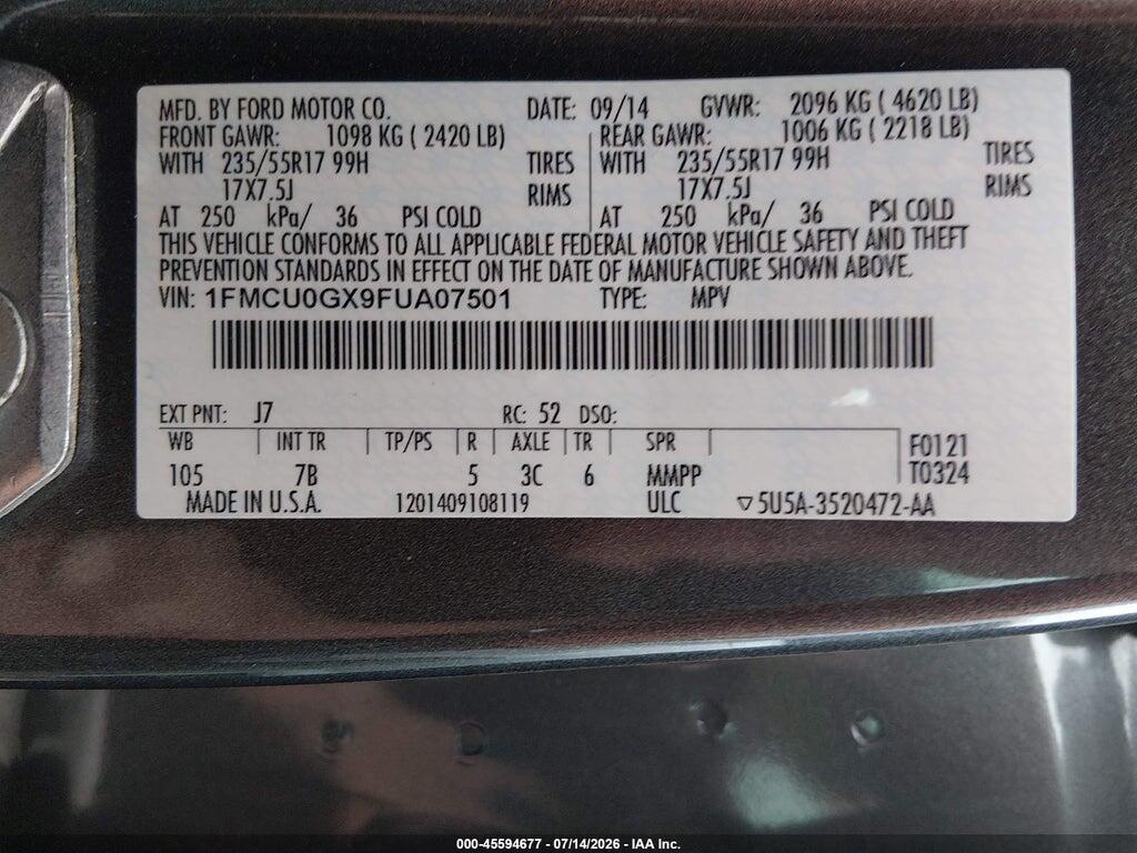 1FMCU0GX9FUA07501 2015 FORD ESCAPE photo no. 9