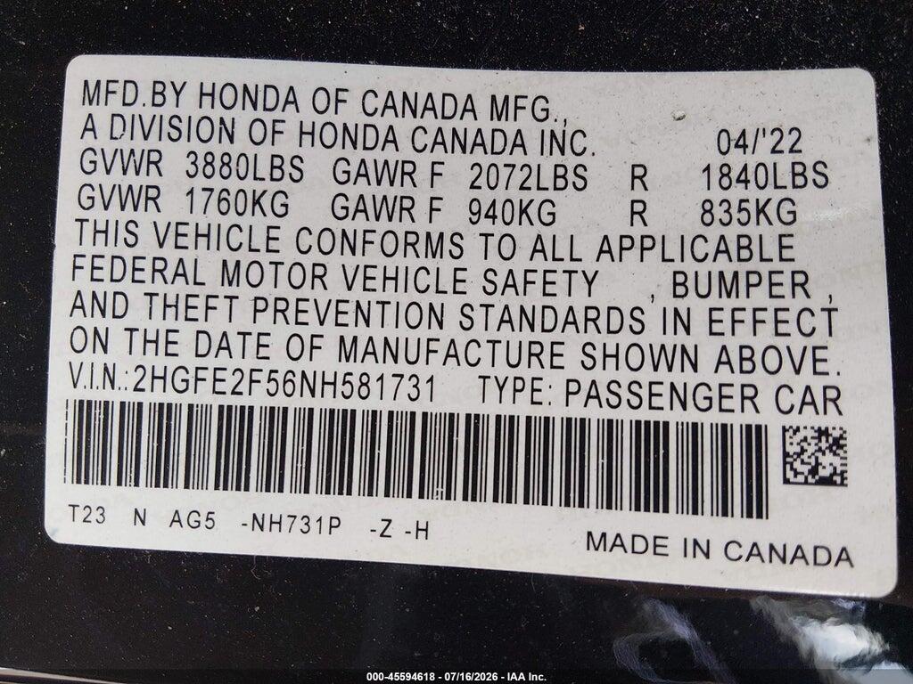 2HGFE2F56NH581731 2022 HONDA CIVIC photo no. 9