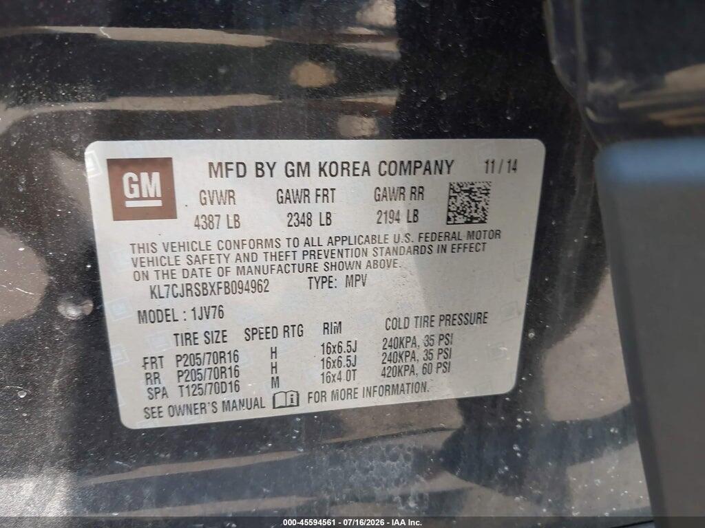 KL7CJRSBXFB094962 2015 CHEVROLET TRAX photo no. 9