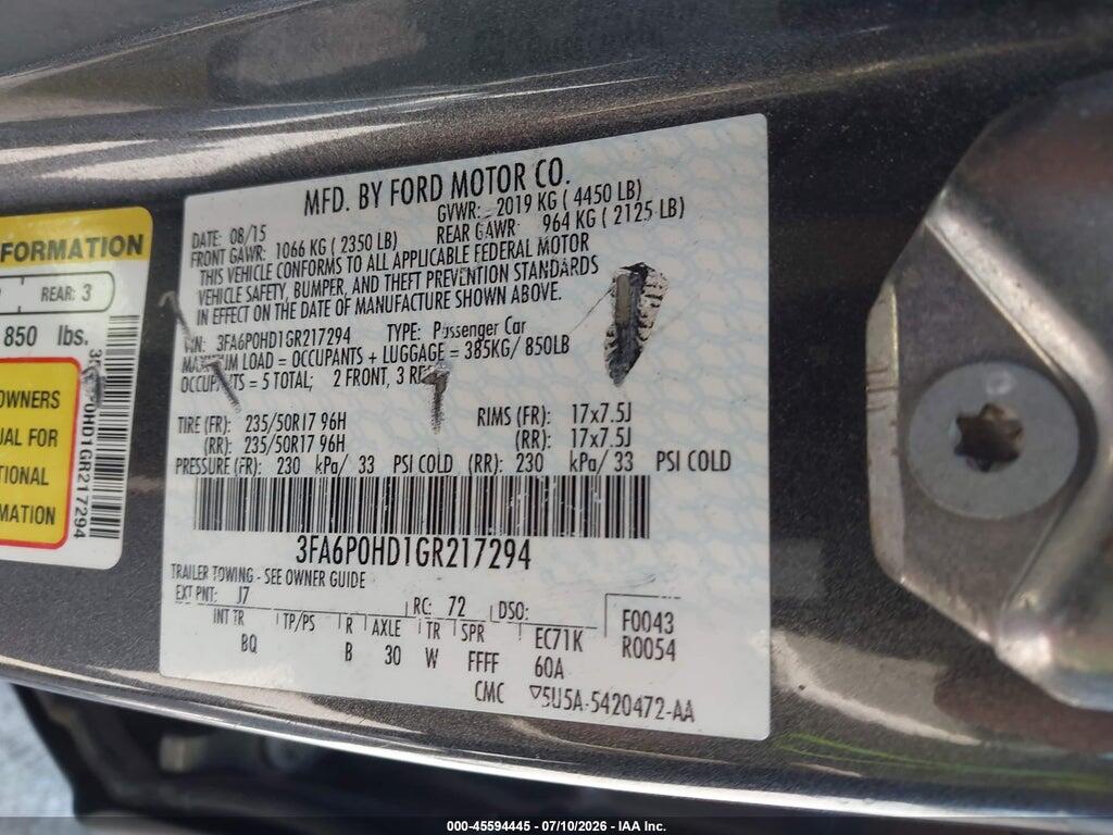 3FA6P0HD1GR217294 2016 FORD FUSION photo no. 9