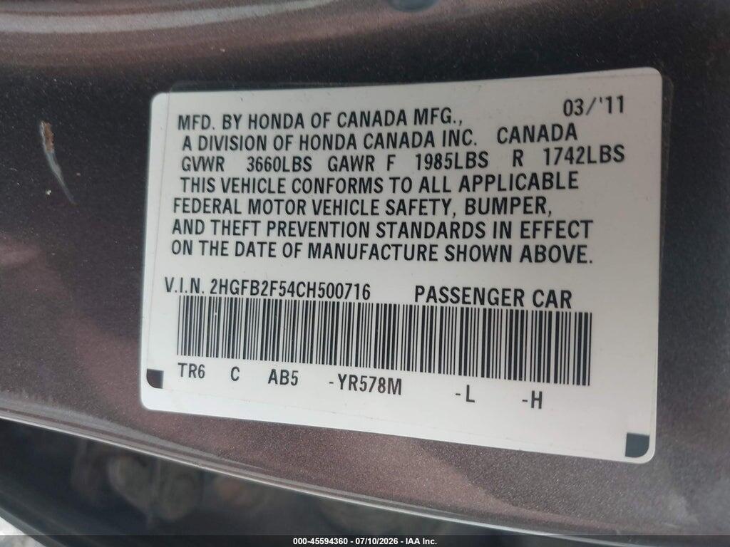 2HGFB2F54CH500716 2012 HONDA CIVIC photo no. 9
