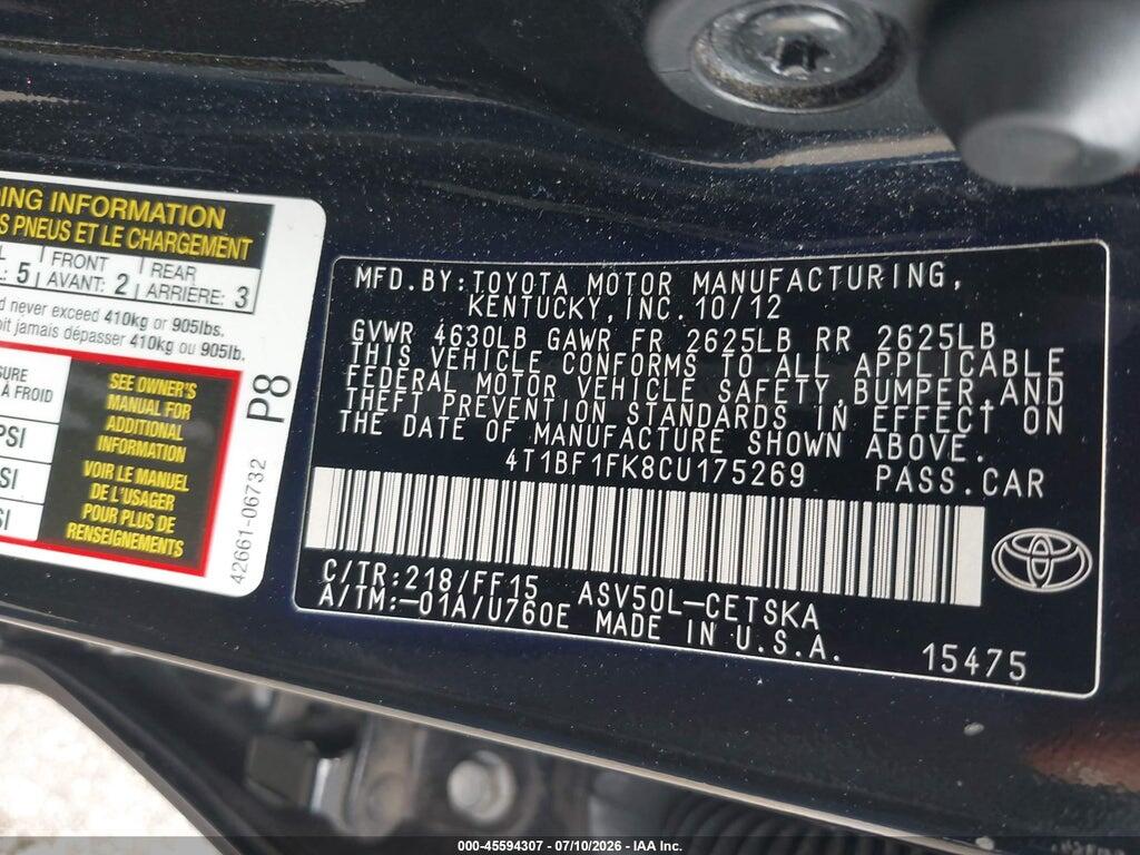 4T1BF1FK8CU175269 2012 TOYOTA CAMRY photo no. 9