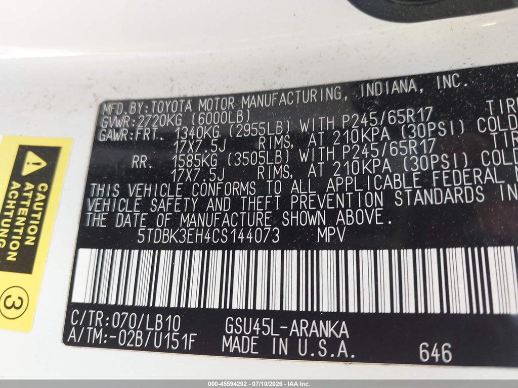 5TDBK3EH4CS144073 2012 TOYOTA HIGHLANDER photo no. 9