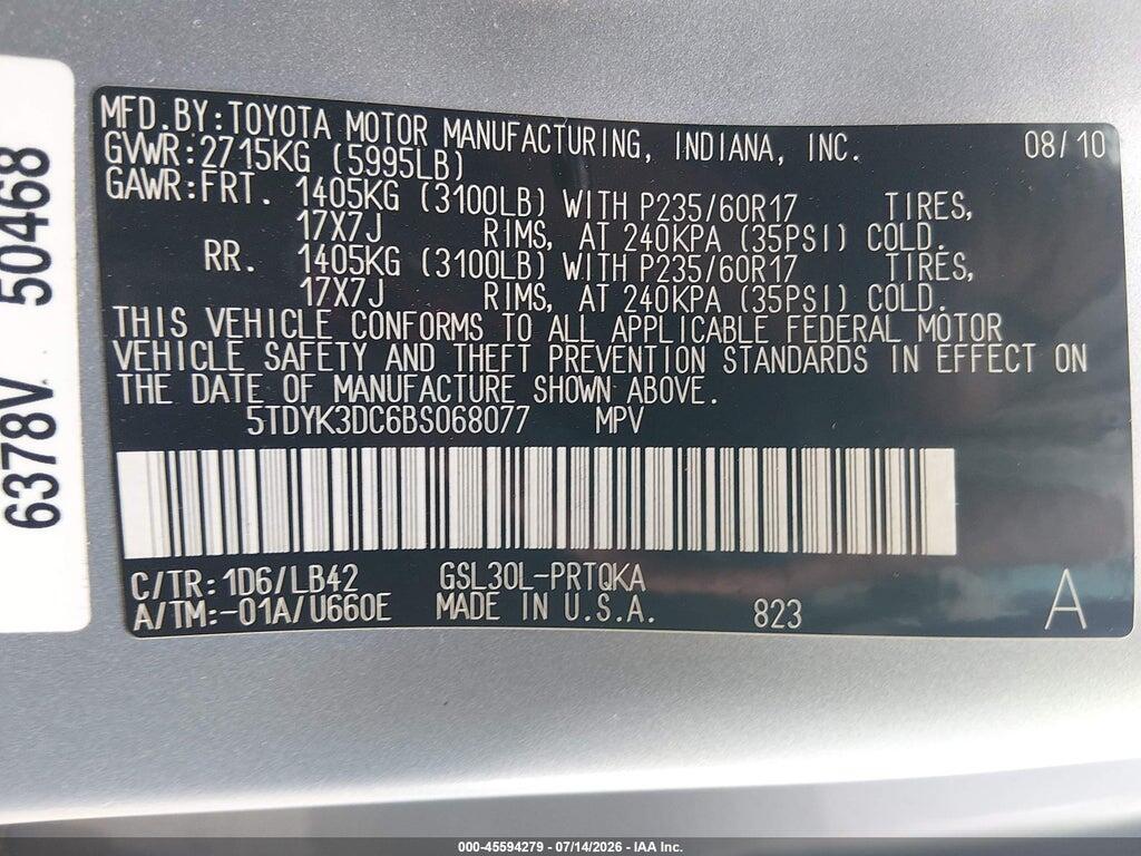 5TDYK3DC6BS068077 2011 TOYOTA SIENNA photo no. 9