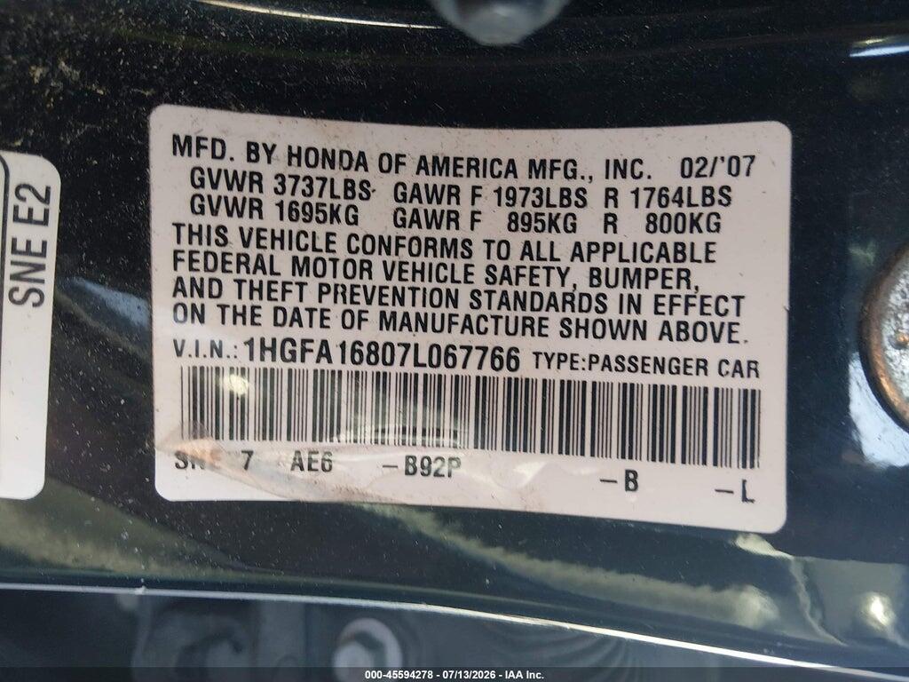 1HGFA16807L067766 2007 HONDA CIVIC photo no. 9