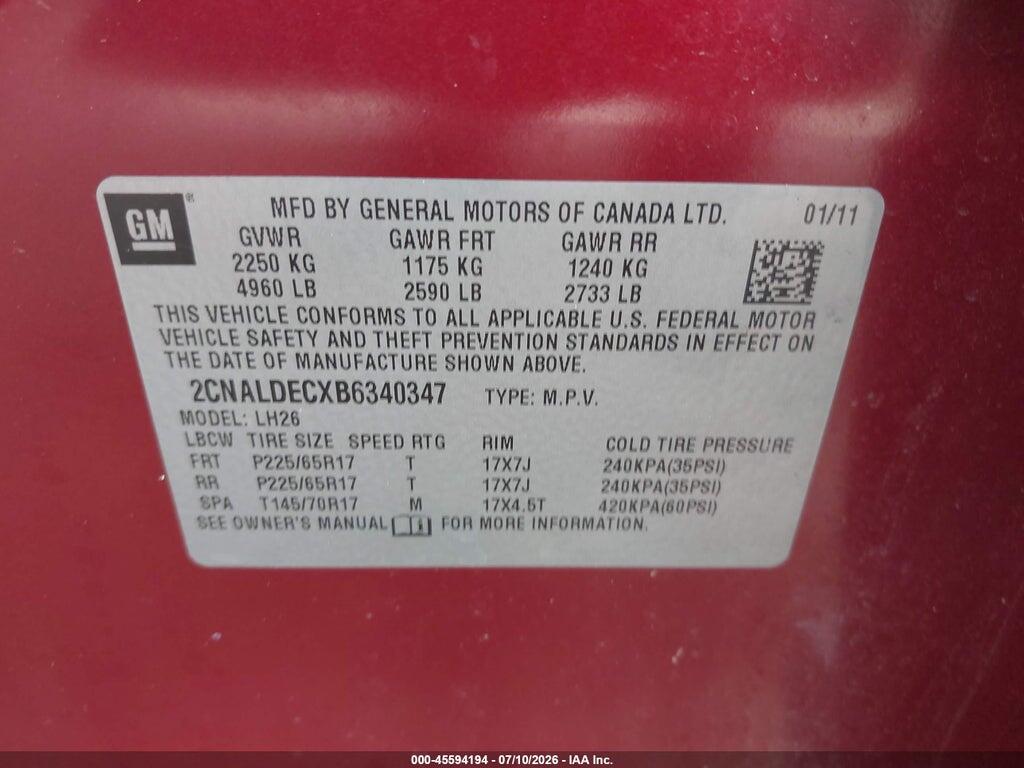 2CNALDECXB6340347 2011 CHEVROLET EQUINOX photo no. 9
