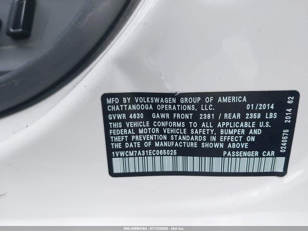 1VWCM7A31EC065025 2014 VOLKSWAGEN PASSAT photo no. 9