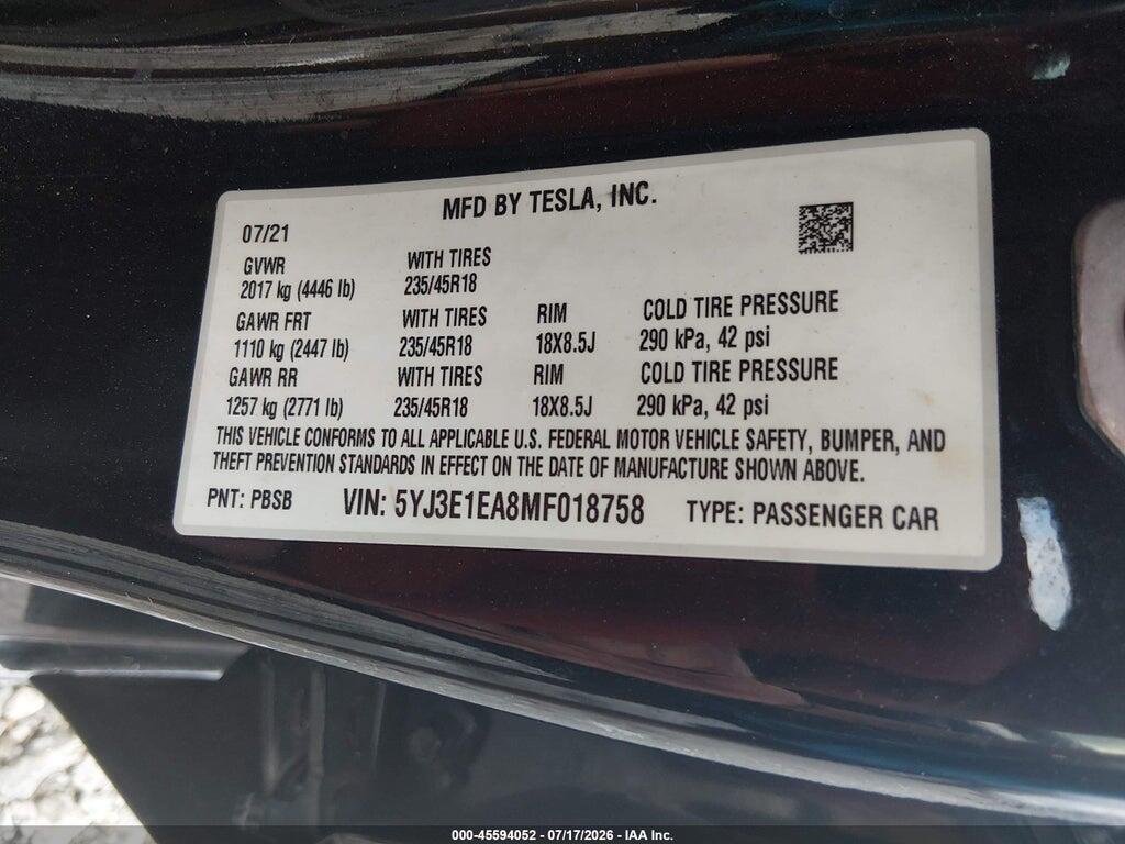 5YJ3E1EA8MF018758 2021 TESLA MODEL 3 photo no. 9