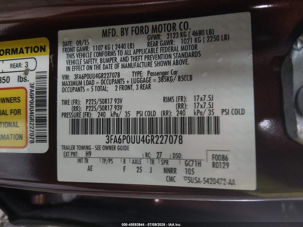 3FA6P0UU4GR227078 2016 FORD FUSION photo no. 9