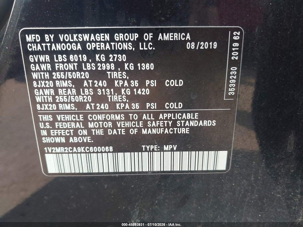 1V2MR2CA9KC600068 2019 VOLKSWAGEN ATLAS photo no. 9