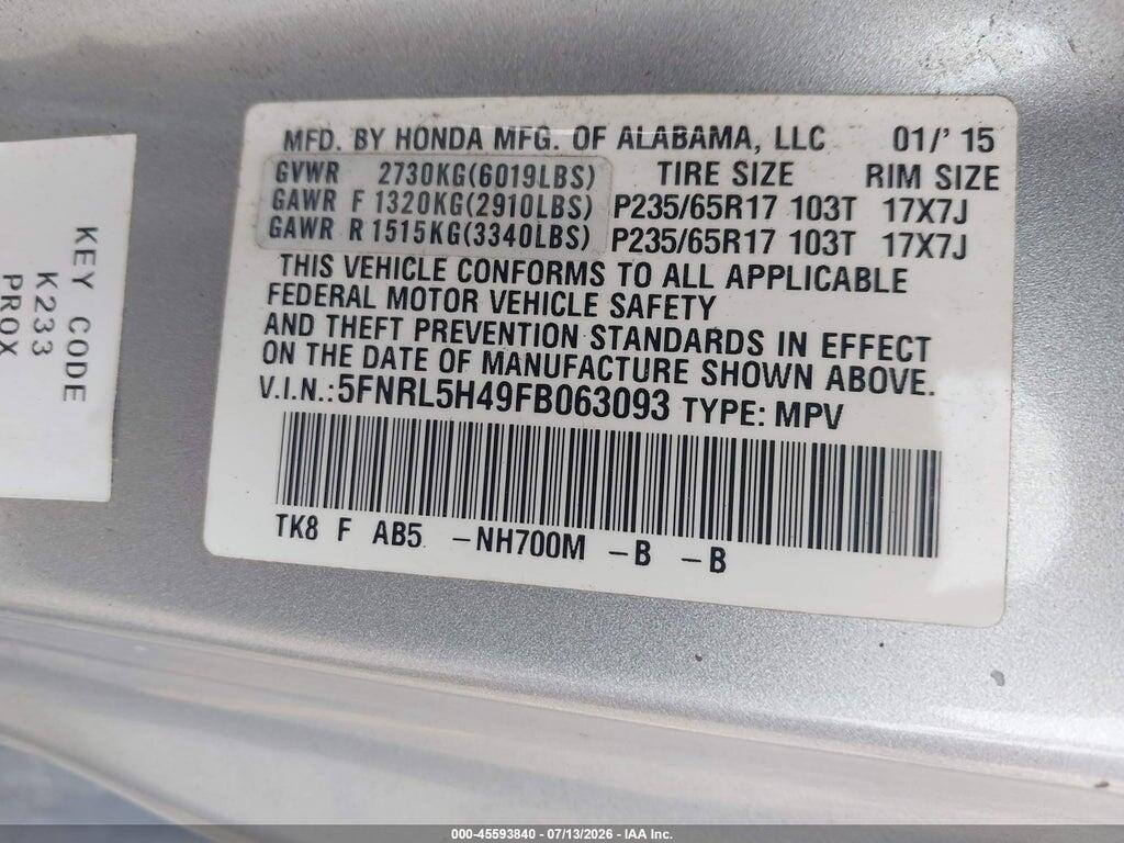 5FNRL5H49FB063093 2015 HONDA ODYSSEY photo no. 9