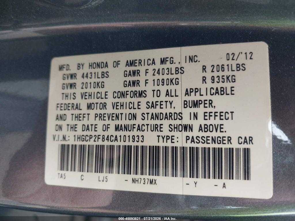 1HGCP2F84CA101933 2012 HONDA ACCORD photo no. 9