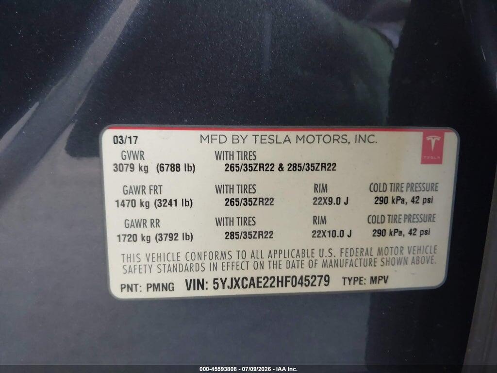 5YJXCAE22HF045279 2017 TESLA MODEL X photo no. 9