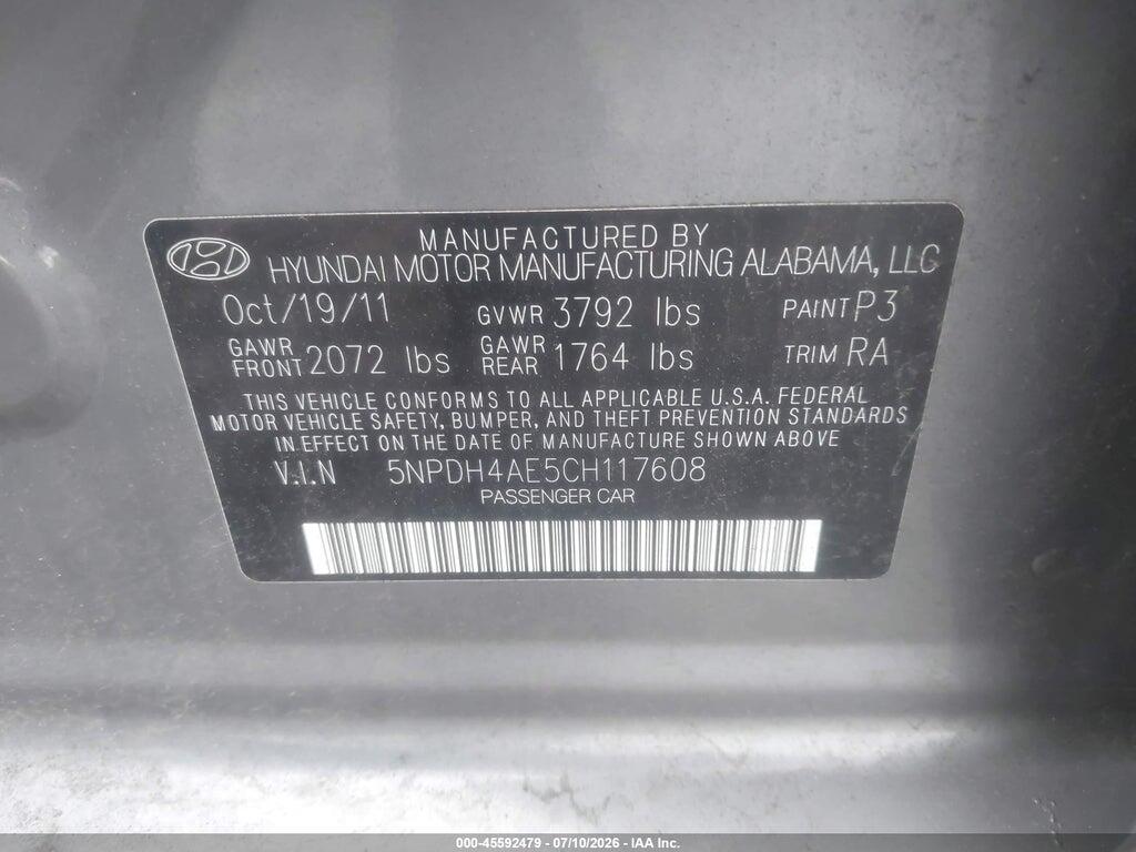 5NPDH4AE5CH117608 2012 HYUNDAI ELANTRA photo no. 9