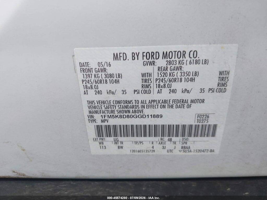 1FM5K8D80GGD11889 2016 FORD EXPLORER photo no. 9