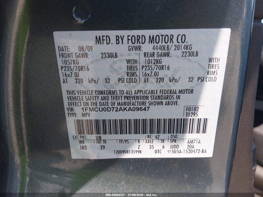 1FMCU0D72AKA09647 2010 FORD ESCAPE photo no. 9