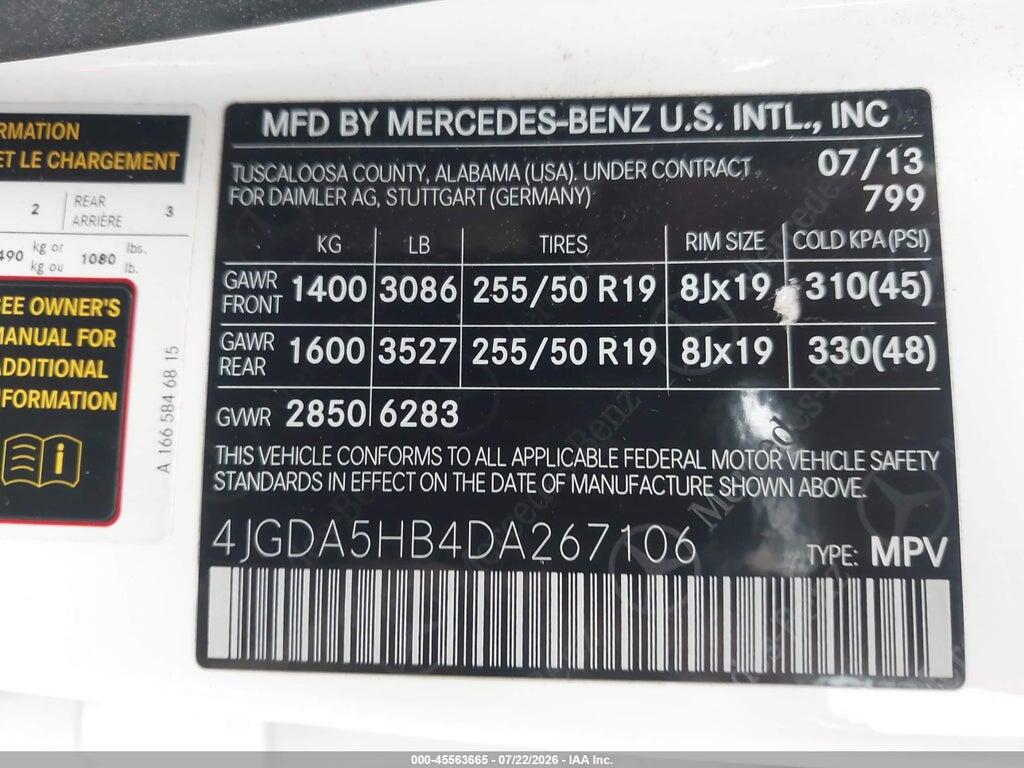 4JGDA5HB4DA267106 2013 MERCEDES-BENZ ML 350 photo no. 9