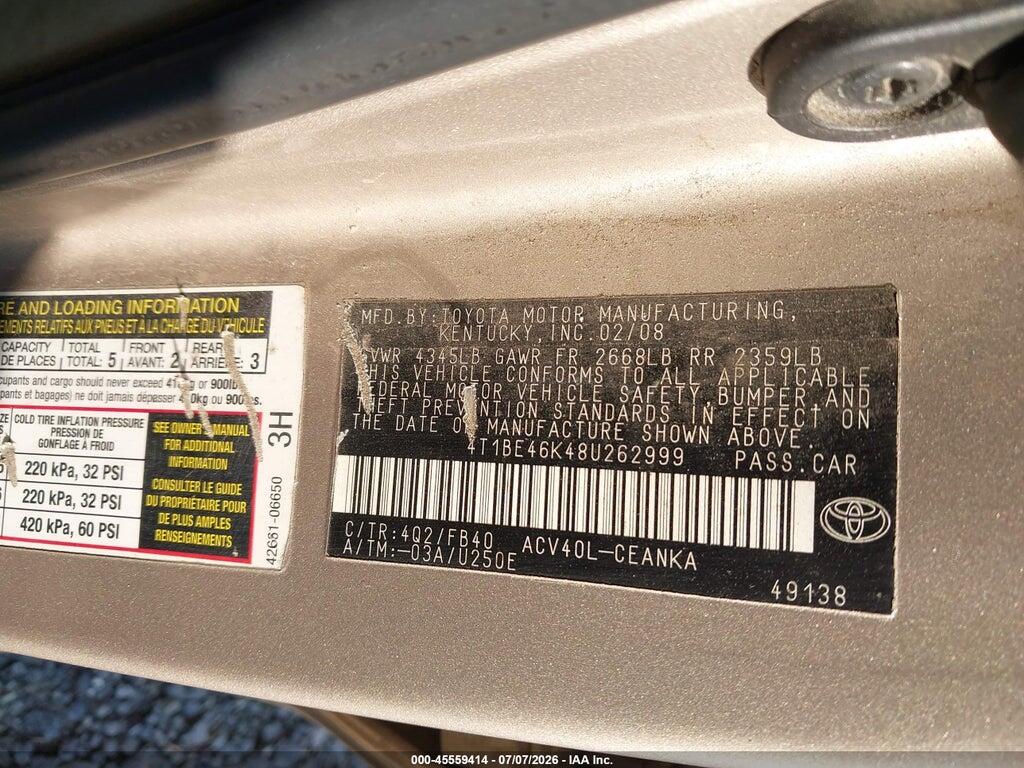 4T1BE46K48U262999 2008 TOYOTA CAMRY photo no. 9