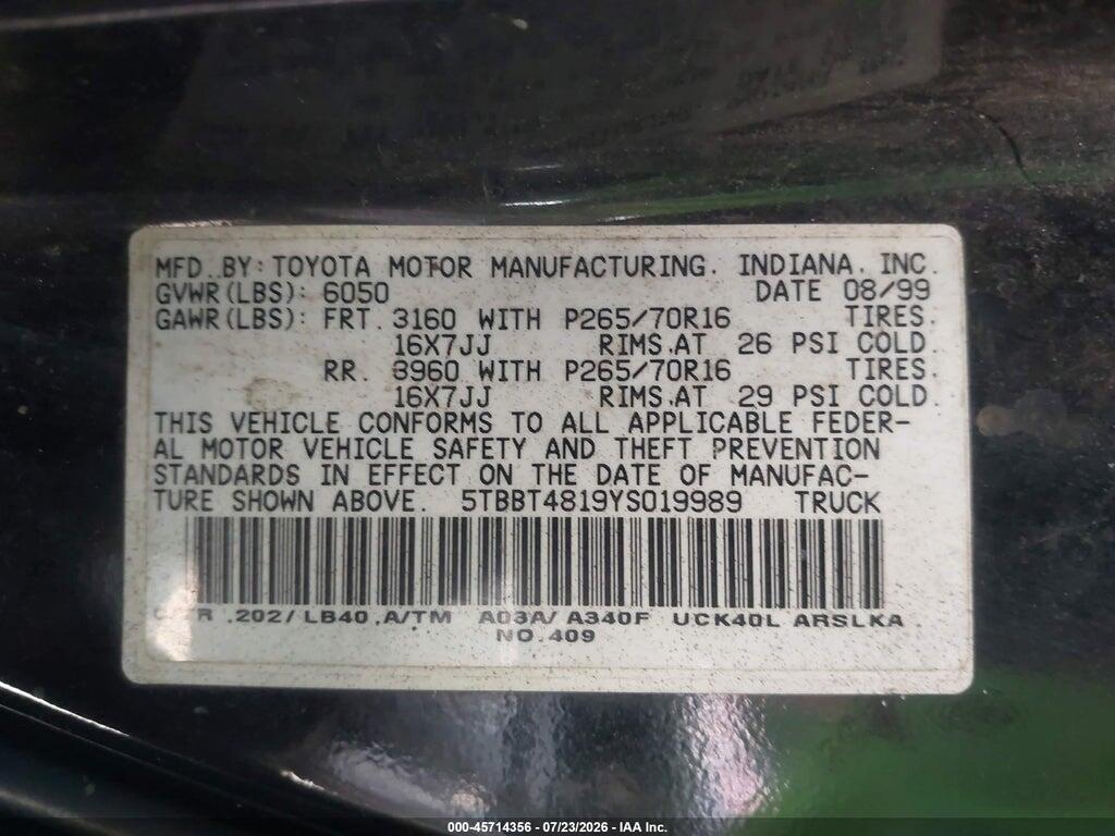 5TBBT4819YS019989 2000 TOYOTA TUNDRA photo no. 9