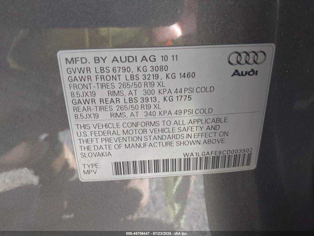 WA1LGAFE8CD003902 2012 AUDI Q7 photo no. 9
