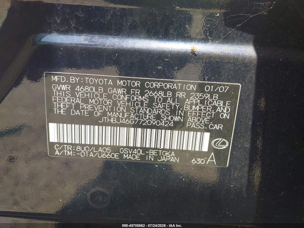 JTHBJ46G772090424 2007 LEXUS ES 350 photo no. 9