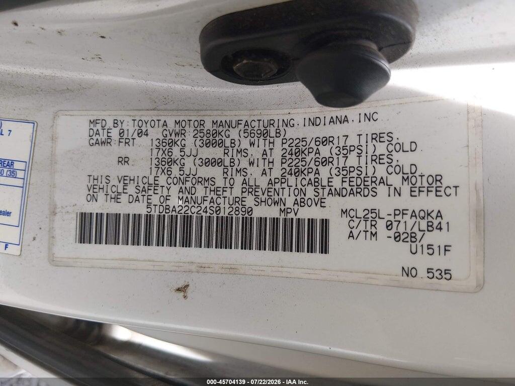 5TDBA22C24S012890 2004 TOYOTA SIENNA photo no. 9