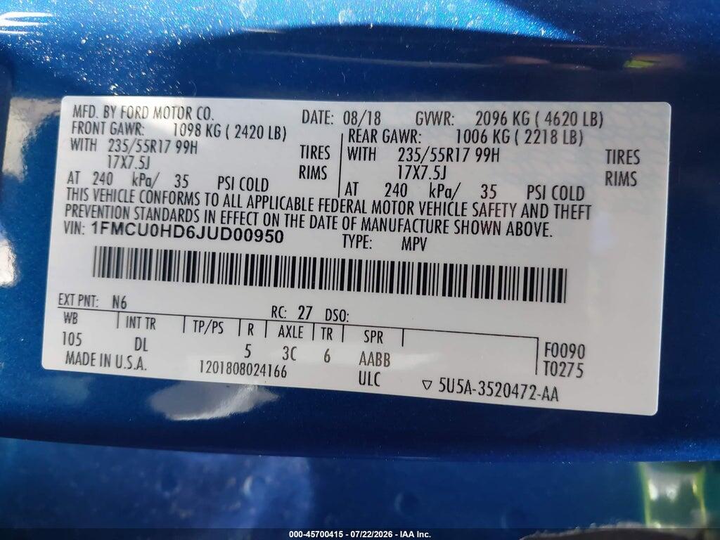 1FMCU0HD6JUD00950 2018 FORD ESCAPE photo no. 9