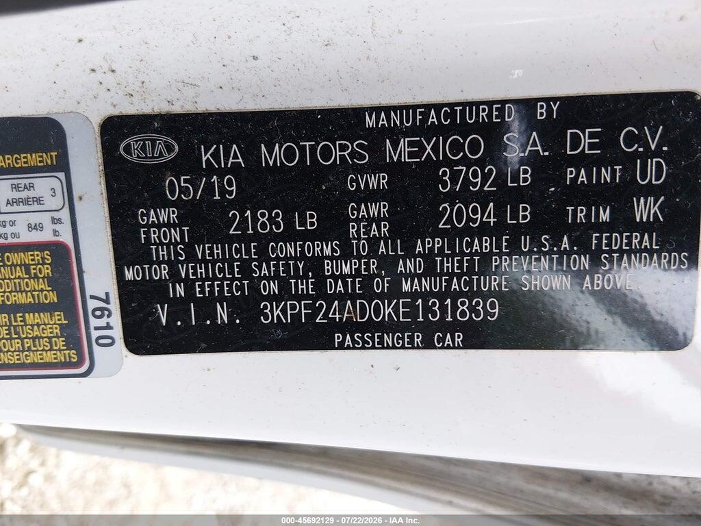 3KPF24AD0KE131839 2019 KIA FORTE photo no. 9