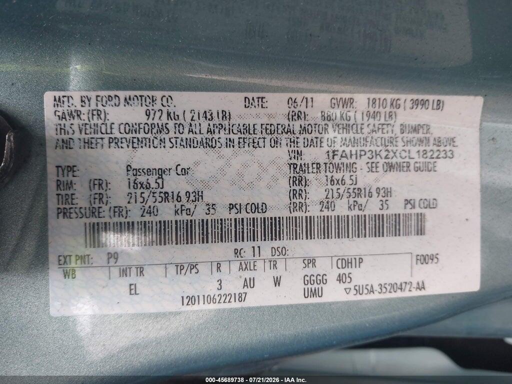 1FAHP3K2XCL182233 2012 FORD FOCUS photo no. 9