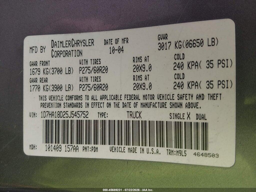1D7HA18D25J545752 2005 DODGE RAM 1500 photo no. 9