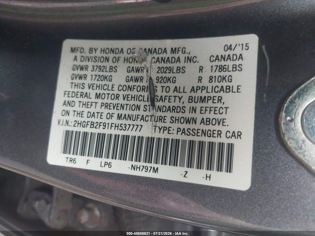 2HGFB2F91FH537777 2015 HONDA CIVIC photo no. 9