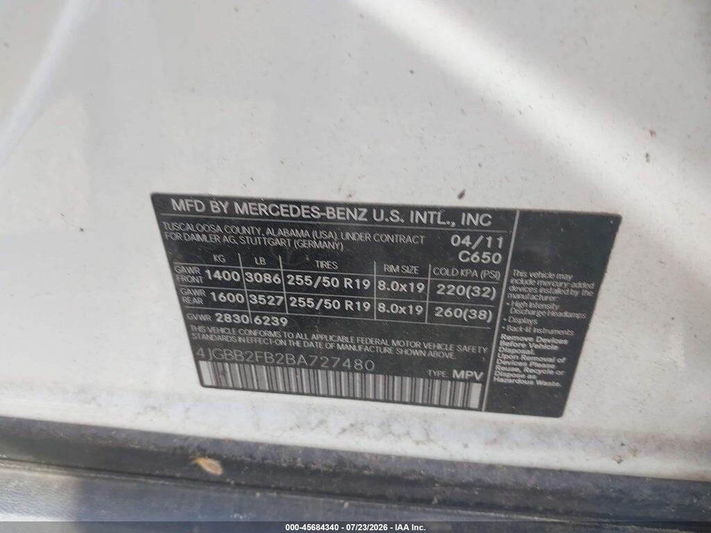 4JGBB2FB2BA727480 2011 MERCEDES-BENZ ML 350 BLUETEC photo no. 9